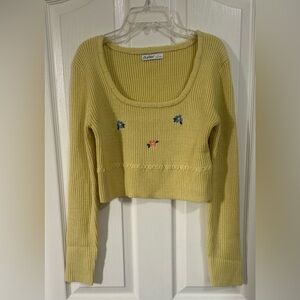 Women’s ASTR Yellow Cropped Embroidered Floral Ribbed Y2K Boho Sweater Size L.